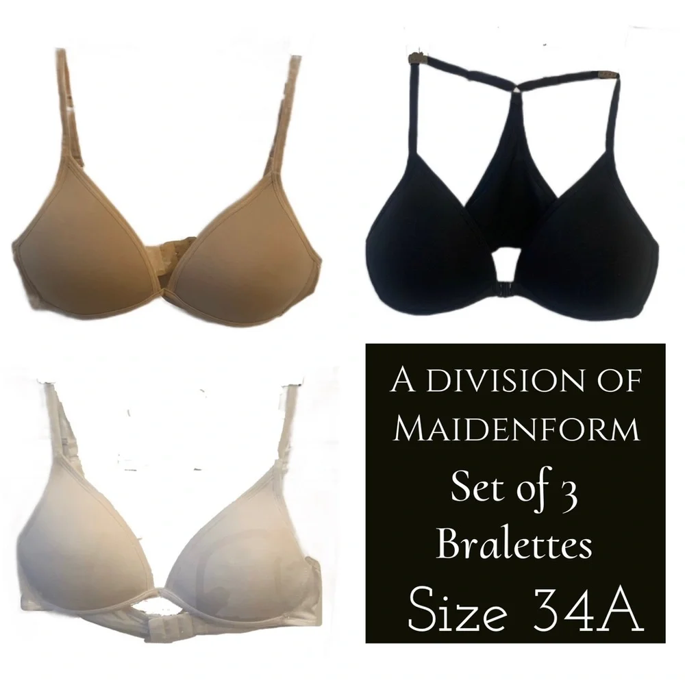 Maidenform ~ Set of 3 Big Girls Bralettes Nude White Black Size 34A - Picture 1 of 16